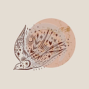 Wild bird. Swallow moonchild. Modern gypsy concept. Love symbol. Harmony and zen. Crescent moon magic symbols. Vector illustration