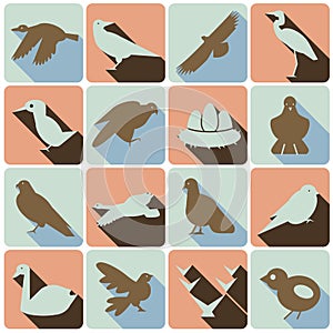 Wild birds icon set with shadows