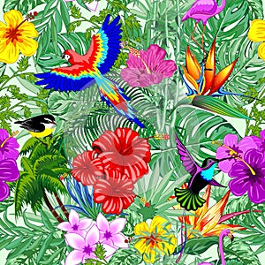 Wild Birds and Tropical Nature Seamless Repeat Textile Pattern Vector Art