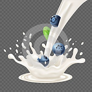 Wild blueberry berry with splash and flow of milk or yogurt, waves and streams on gray background. Vector for packaging design, photo