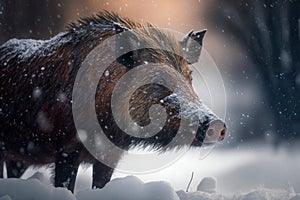 Wild boar in the cold snowy winter forest. Amazing Wildlife. Generative AI