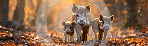 Wild Boar Family with Adorable Baby in Forest - Captivating Wildlife Photography Background