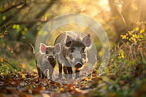 Wild boar family with baby in the forest. Generative AI