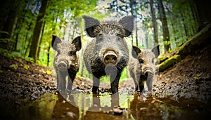 Wild Boar Family in the Forest Looking at Camera - Generative Ai