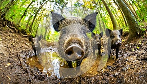 Wild Boar Family in the Forest Looking at Camera - Generative Ai