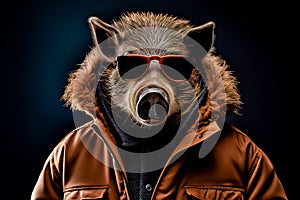 Wild boar head wearing sunglasses on the human body of a man wearing winter clothes. Generative AI