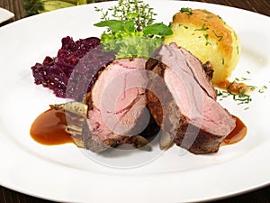 Wild Boar Loin Steak with red Cabbage and Potato Dumpling