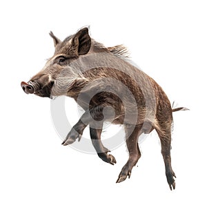 Wild boar mid-leap on a white background