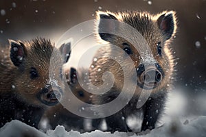 Wild boar piglets in a winter forest. Amazing Wildlife. Generative AI