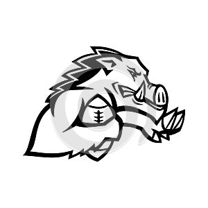 Wild Boar or Razorback With American Football Ball Mascot Black and White