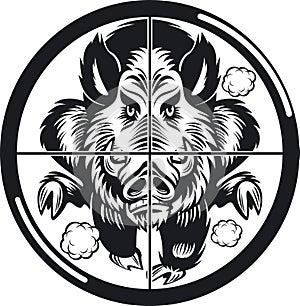 Wild boar in rifle scope crosshair sight charging