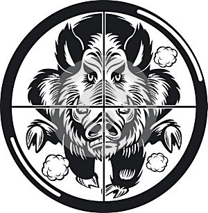 Wild boar in rifle scope crosshair sight charging photo