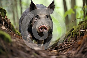 a wild boar rummaging through a forest