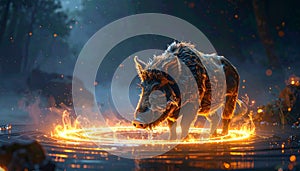 Wild Boar Standing in Flames at Night