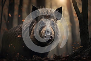 Wild boar (Sus scrofa) in the autumn forest