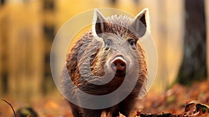 Wild boar walks in the autumn forest