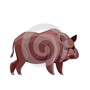 Wild boar watching around. Cartoon character of a big mammal animal. A wild forest creature with brown fur. Side view