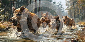 Wild Boars Running Through a Stream. created by generative artificial intelligence