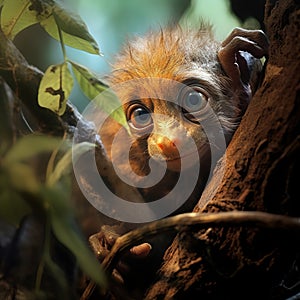 Wild Bornean Slow Lori Peeking Around Branch