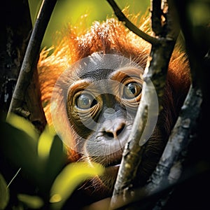 Wild Bornean Slow Lori Peeking Around Branch