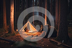 Wild brown bear inspecting a camp tent in the forest