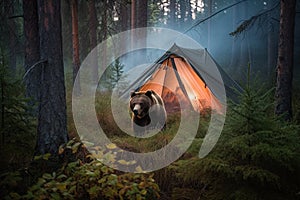 Wild brown bear inspecting a camp tent in the forest