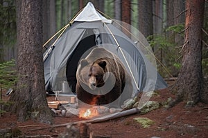 Wild brown bear inspecting a camp tent in the forest