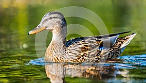 Wild brown duck swimming in pond or lake. Domestic farm bird