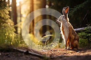 Wild brown european hare stands in the grass and looking at the camera. Lepus europaeus stands on the ground. Generative AI