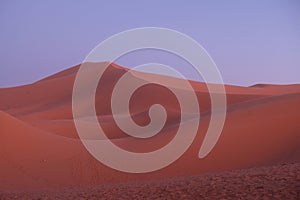 Wild brown Sahara Desert sand dunes at sunset with purple blue sky