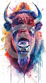 Salvaje búfalo diente pintado verticalmente retrato en acuarela 