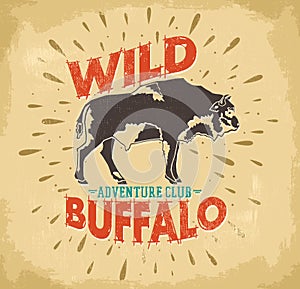 Wild Buffalo vector vintage emblem design, label with wording for apparel.