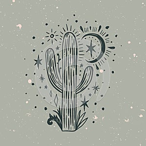Wild cactus. Desert Arizona moonchild. Vintage concept. Mexico culture. Harmony and zen. Crescent moon magic. Vector illustration