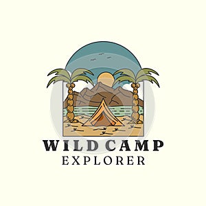 wild camp with vintage and emblem style logo vector icon design. mountain, tree, river template illustration