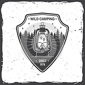 Wild camping. Vector illustration. Concept for shirt or logo, print, stamp Vintage typography design with camp lantern