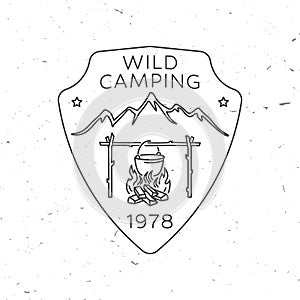 Wild Camping. Vector illustration. Concept for shirt or print, stamp or tee. Vintage line art design with Camper tent