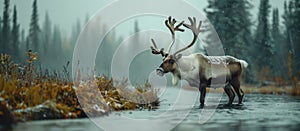 Wild Caribou Stands in Road