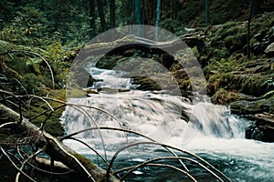 Wild cascade river situated in cold evening  forest mountain environment photo