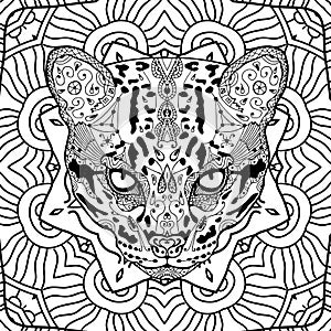 Wild cat on the background circular tribal pattern. Colroing page for adults. Line art