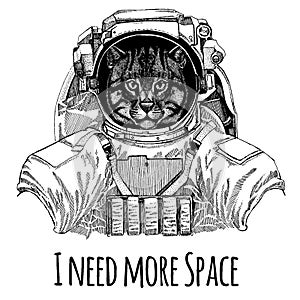 Wild cat Fishing cat Astronaut. Space suit. Hand drawn image of lion for tattoo, t-shirt, emblem, badge, logo patch