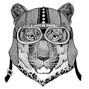 Wild cat, Leopard, jaguar, Panther wearing motorcycle, aero helmet. Biker illustration for t-shirt, posters, prints.