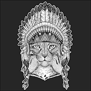 Wild cat Lynx Bobcat Trot Cool animal wearing native american indian headdress with feathers Boho chic style Hand drawn