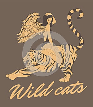 Wild cats. Vector  hand drawn illustration of woman in swimsuit on tiger.