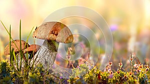 Wild cepe mushroom, flowers and grass closeup photo