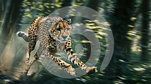 a wild cheetah sprinting amidst the forest greenery