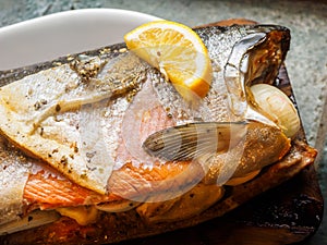 Wild coho salmon on cedar plank