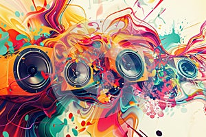 wild, colorful explosion of swirling shapes and patterns depicting the energetic and frenetic rhythms of dubstep, Generative AI photo