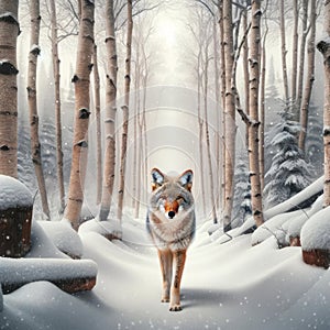 Wild Coyote Wilderness Wintertime Birch Trees Snowy Pathway Forest Canada AI Generated