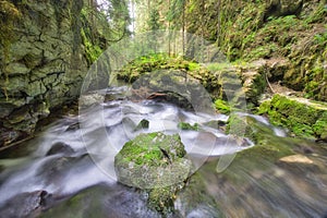 Divoký potok s mechem porostlými skalami v Hybické tiesňavě