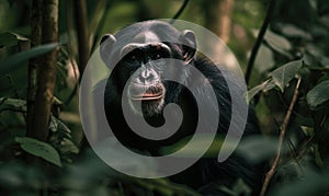 Wild and Curious Chimpanzee in the Heart of the Jungle - Experience the Raw Power and Intelligence of This Magnificent Primate